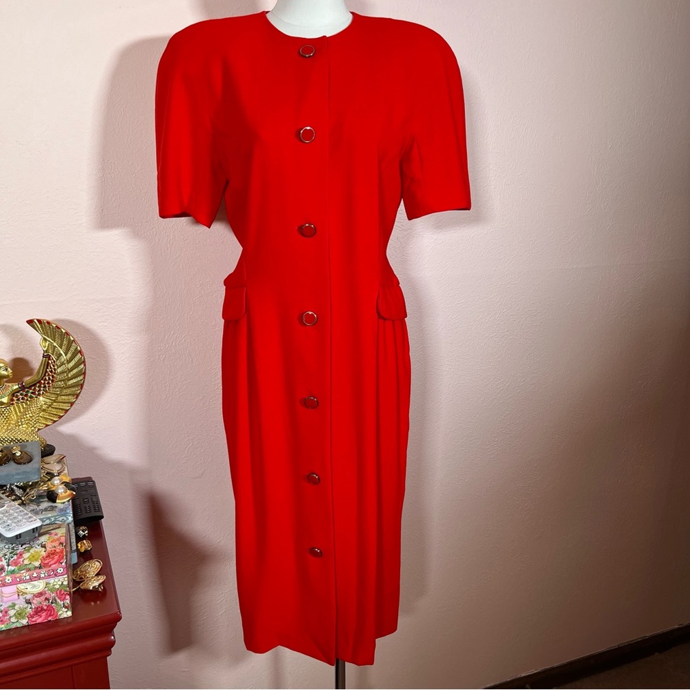 Liz Claiborne Vintage 1990’s Red Button Front Padded Shoulder Wiggle Dress Sz 10